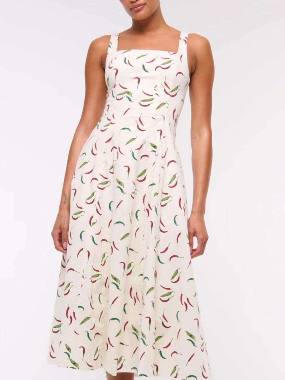 Abercrombie & Fitch Cream Midi Dress with Red & Green Chili Print